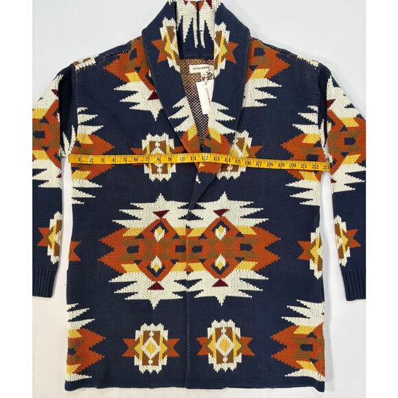 Lucky Brand Aztec Tribal Cardigan Sweater Coatigan Large Shawl Collar Southwest - Picture 3 of 11